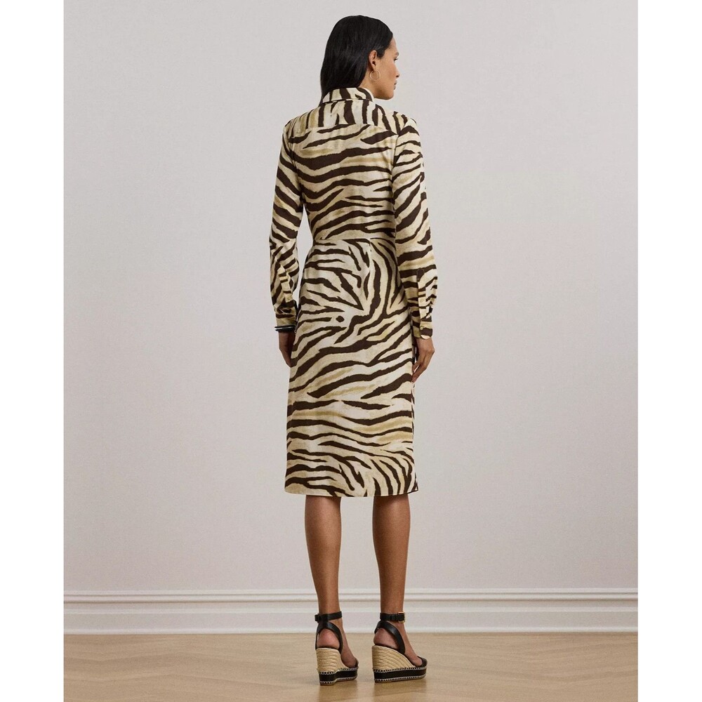 Lauren Ralph Lauren Women's Zebra-Print Tie-Front Crepe Shirtdress Cream Brown 2 - Picture 4 of 14